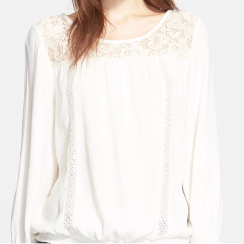 Joie Kulani White Porcelain Lace Inset Long Sleeve Smocked Blouse Top - Large